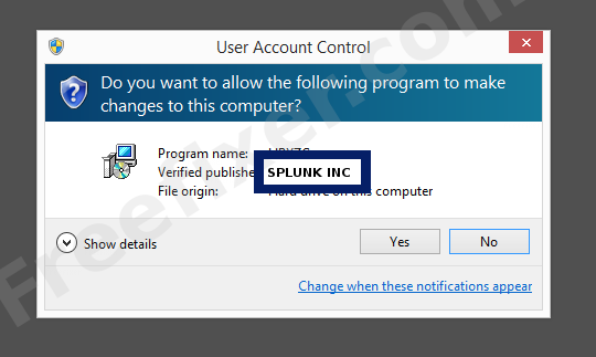 Screenshot where SPLUNK INC appears as the verified publisher in the UAC dialog